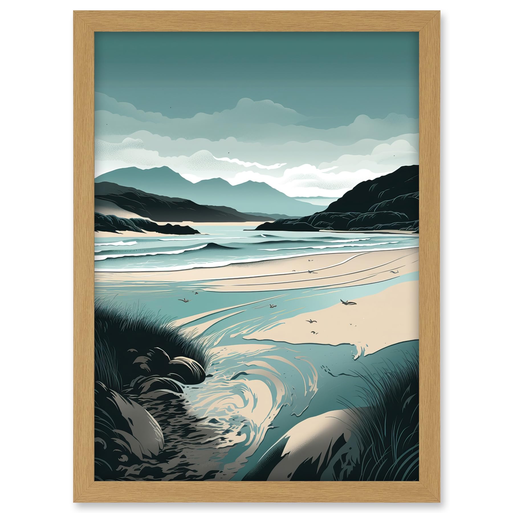 Artery8 Luskentyre Sands Coastal Landscape Illustration Artwork Framed A3 Wall Art Print