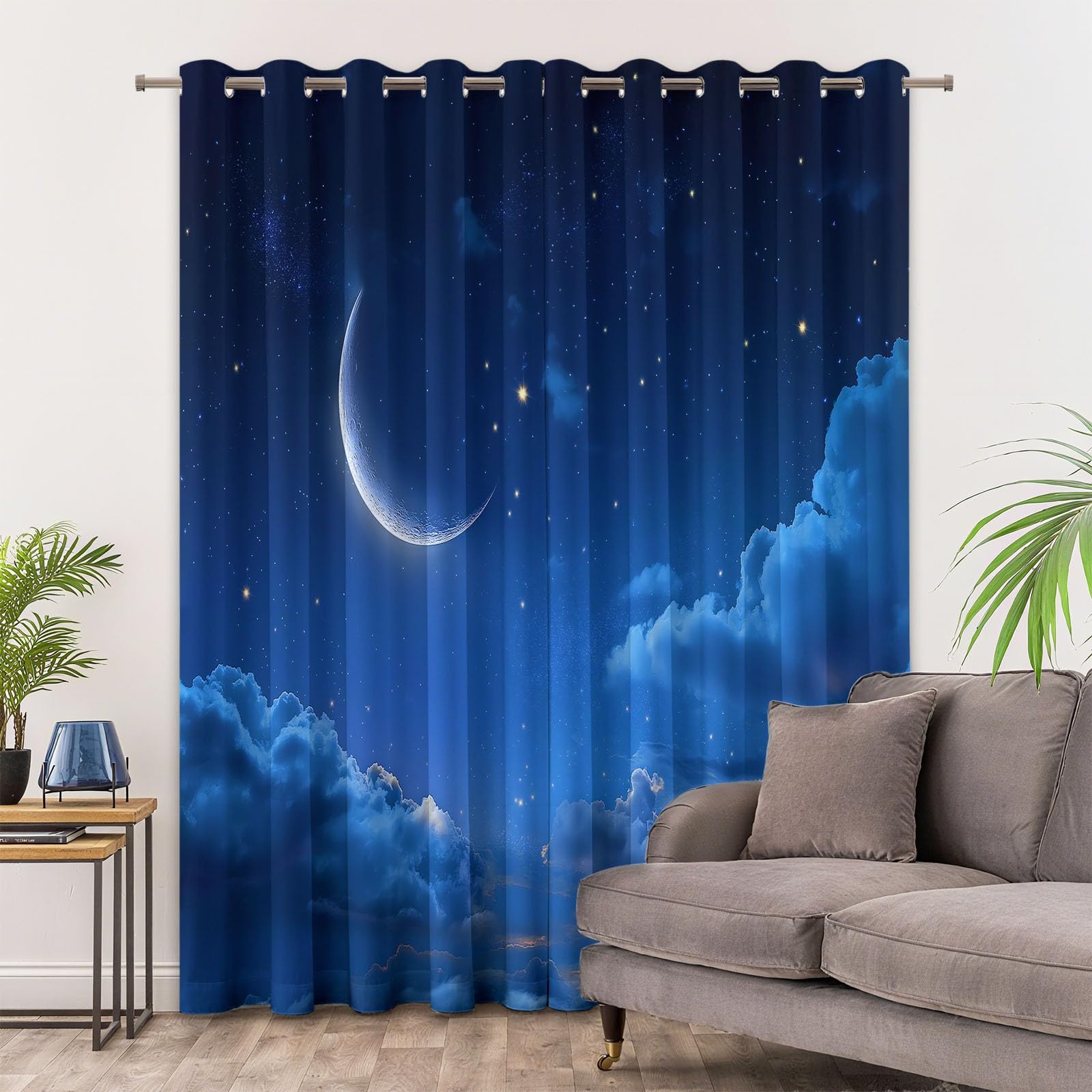 Rideau Occultant Bleu, Ciel Étoilé Croissant Nuages Rideaux à Oeillets, Rideau Thermique Isolant Anti Froid et Chaleur pour Salon Chambre Chambre D'enfants Fenetre Décoration 92L x 214H cm Lot de 2