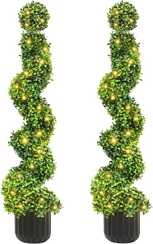2 Pack 3FT Artificial Spiral Topiary Trees with LED String Lights, Realistic Boxwood Trees, Evergreen PE Faux Plants with Pot, Outdoor & Indoor Year-Round Garden, Patio, Porch, Home Entryway Decor