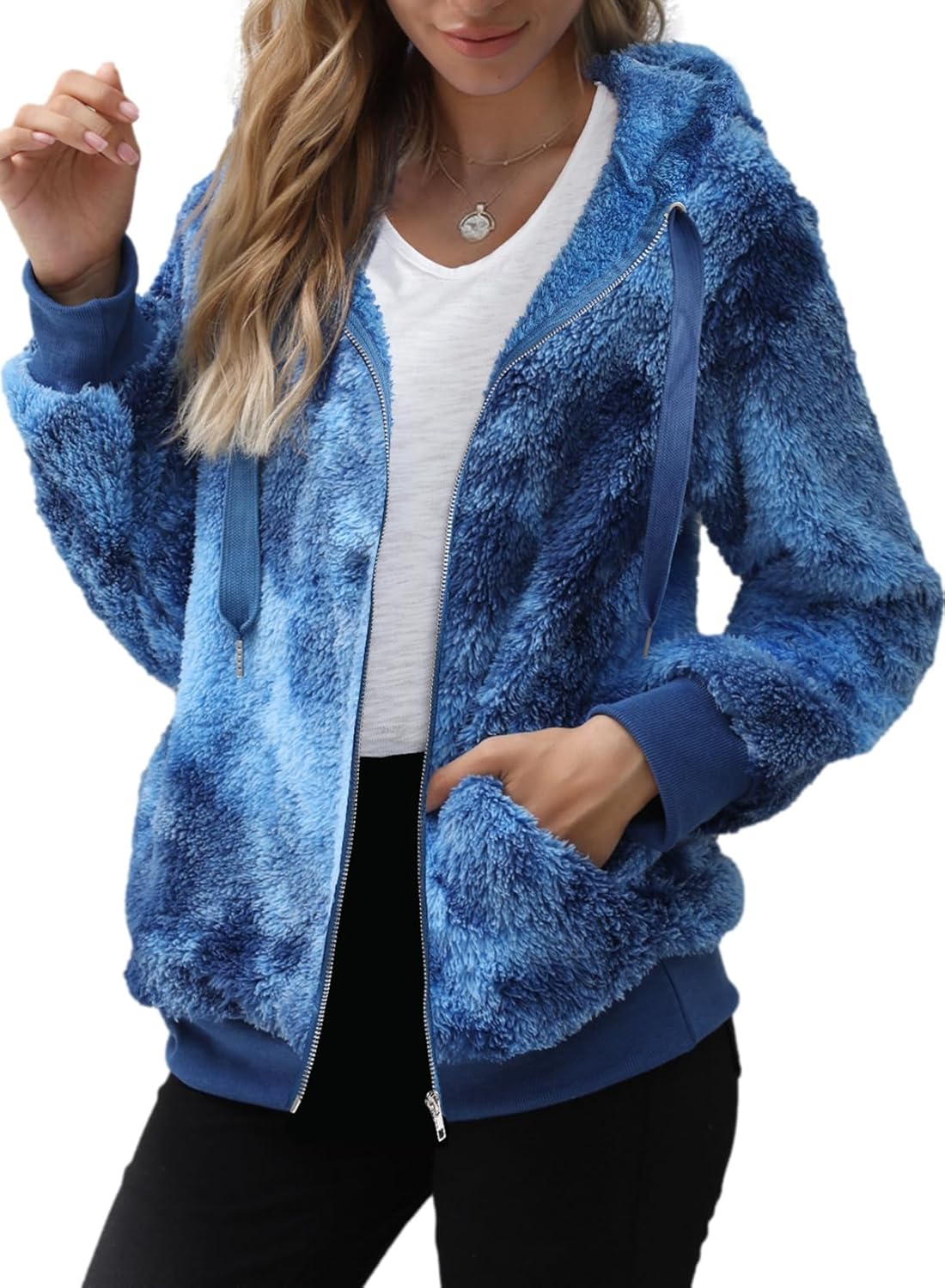 Nirovien Womens Sherpa Jacket Fuzzy Zip Up Hoodie Oversized Fleece Jackets Fluffy Coat with Pockets - Image 2