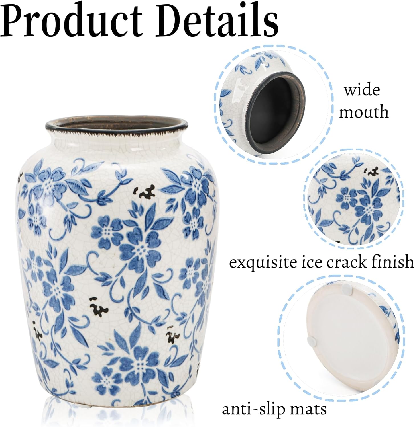 Goaste Vintage Blue and White Porcelain Vase, 7.7 Inch Chinoiserie Ceramic Flower Vase, Decorative Ice Crackle Pottery Vases, Handmade Oriental Floral Terracotta for Home Decor, Table Centerpiece - Image 3