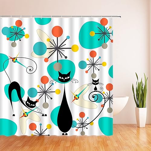Miniatura 2 de Cortina de ducha de gato negro de mediados de siglo, moderna, atómica, abstracta, geométrica, patrón icónico, retro, gatito negro, de los años 50,