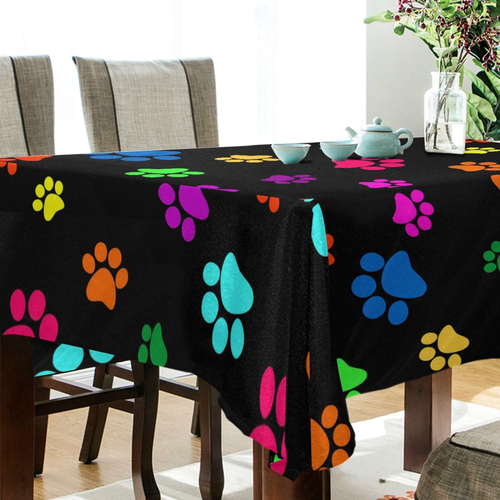 YVONAU Mantel rectangular con estampado de huellas de animales de perro, gato, 137 x 137 cm, resistente a las arrugas, tela decorativa a prueba de manchas, para cocina, comedor, fiesta, camping