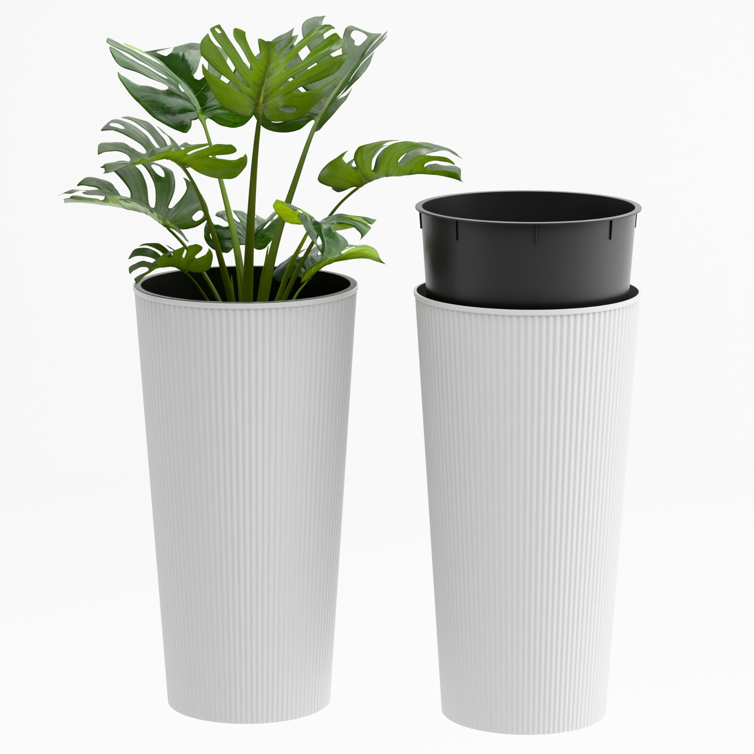 Plana Blumentopf Wave Hoch Rund – 2er Set Pflanzkübel aus Polypropylen mit Innentopf, UV- & wetterfest, für Innen & Außen, (Weiss, 30x57h cm)