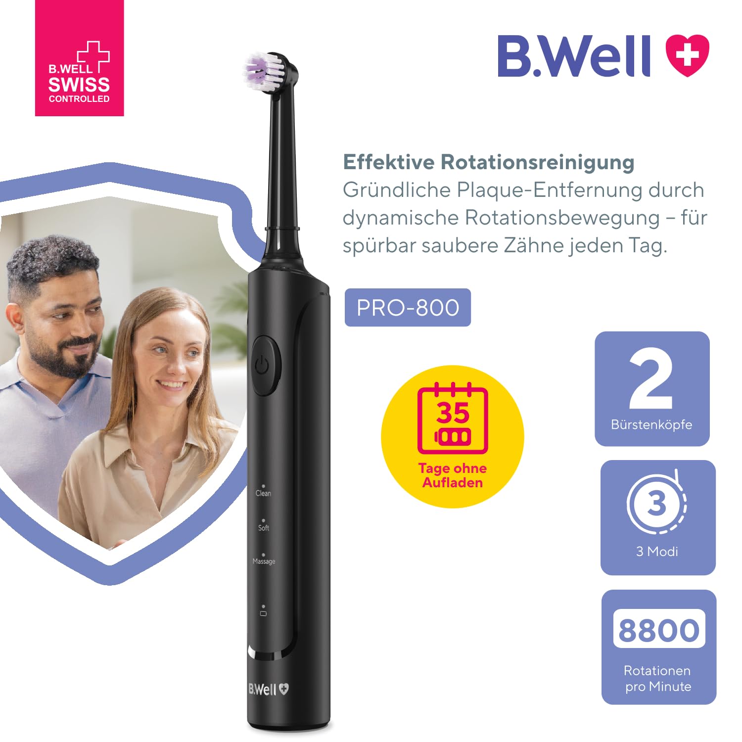 B.Well PRO-800 Rotierende Zahnbürste | 3 Modi & 35 Tage Akku | Schweizer Qualitätsstandards: 3 Modi, 2-Minuten-Timer mit 30-Sek-Intervall, Induktionsladen & 2 farbige Bürstenköpfe.