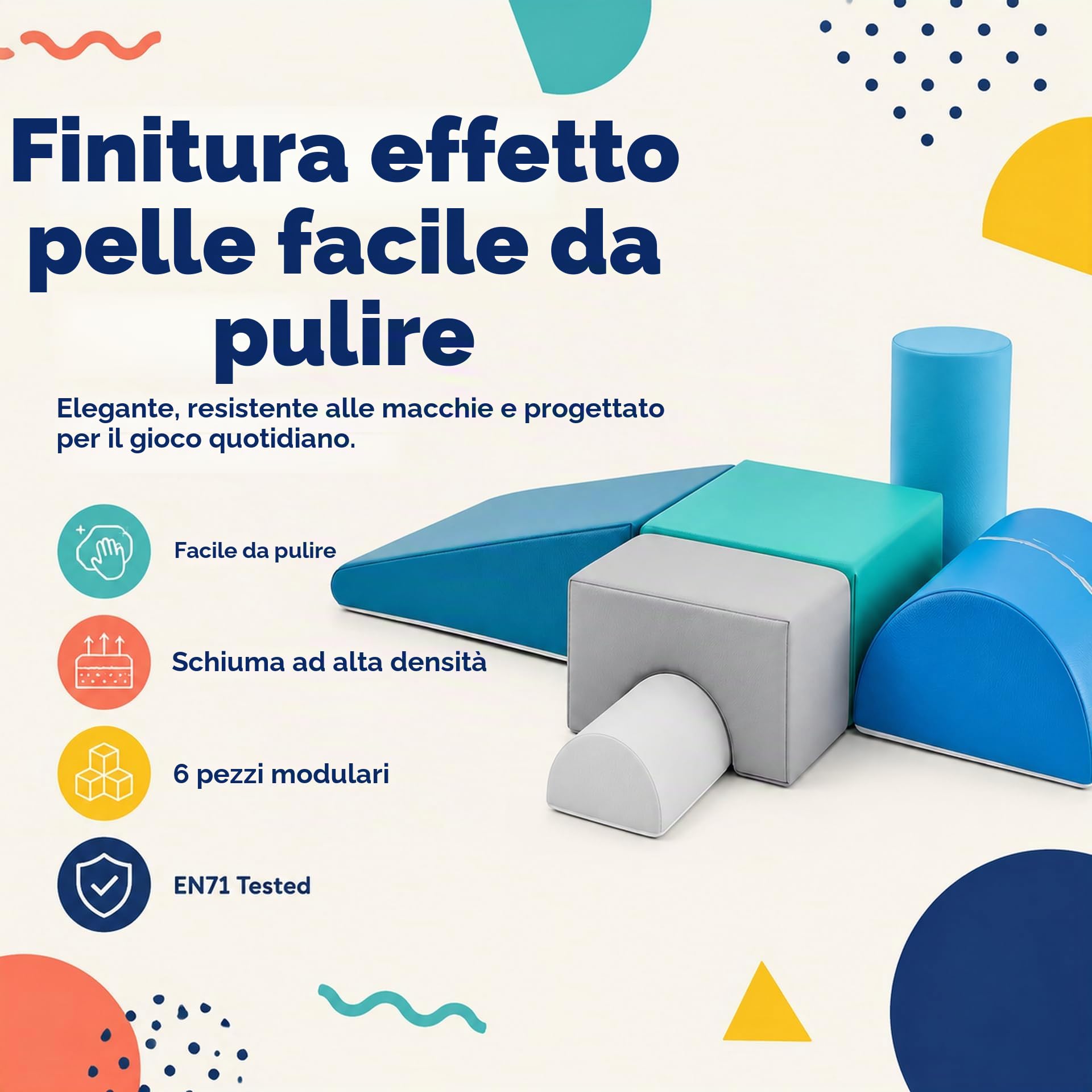 JungleDove Blocchi per Bambini in Schiuma Set: 6 Pezzi Pelle PU Set da Gioco Blocchi Morbidi per Bambini - Arco Ellittico Percorso a Ostacoli per Infanzia per Soggiorno Cameretta e Asilo Nido