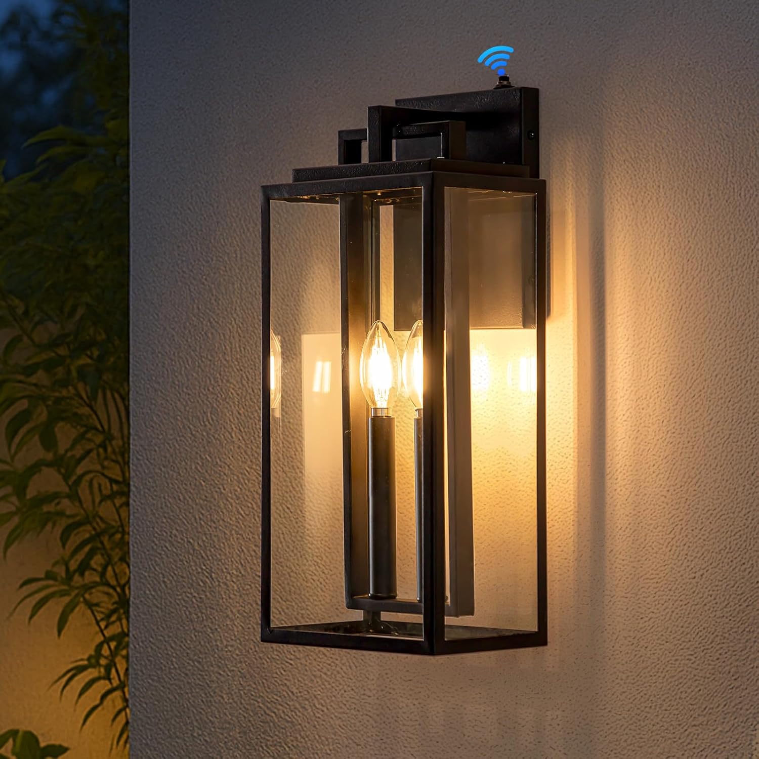 Dusk to Dawn Outdoor Wall Sconce Waterproof Wall Lantern 2-Lights, 20" Large Outside Modern Wall Mount Light, Exterior Matte Black Porch Light with Glass for House Patio Garage, 1-Pack