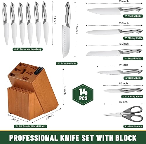 Miniatura 2 de EWFEN - Juego de cuchillos de cocina de 14 piezas con bloque, cuchillos de acero inoxidable alemán con afilador de cuchillos integrado, mango