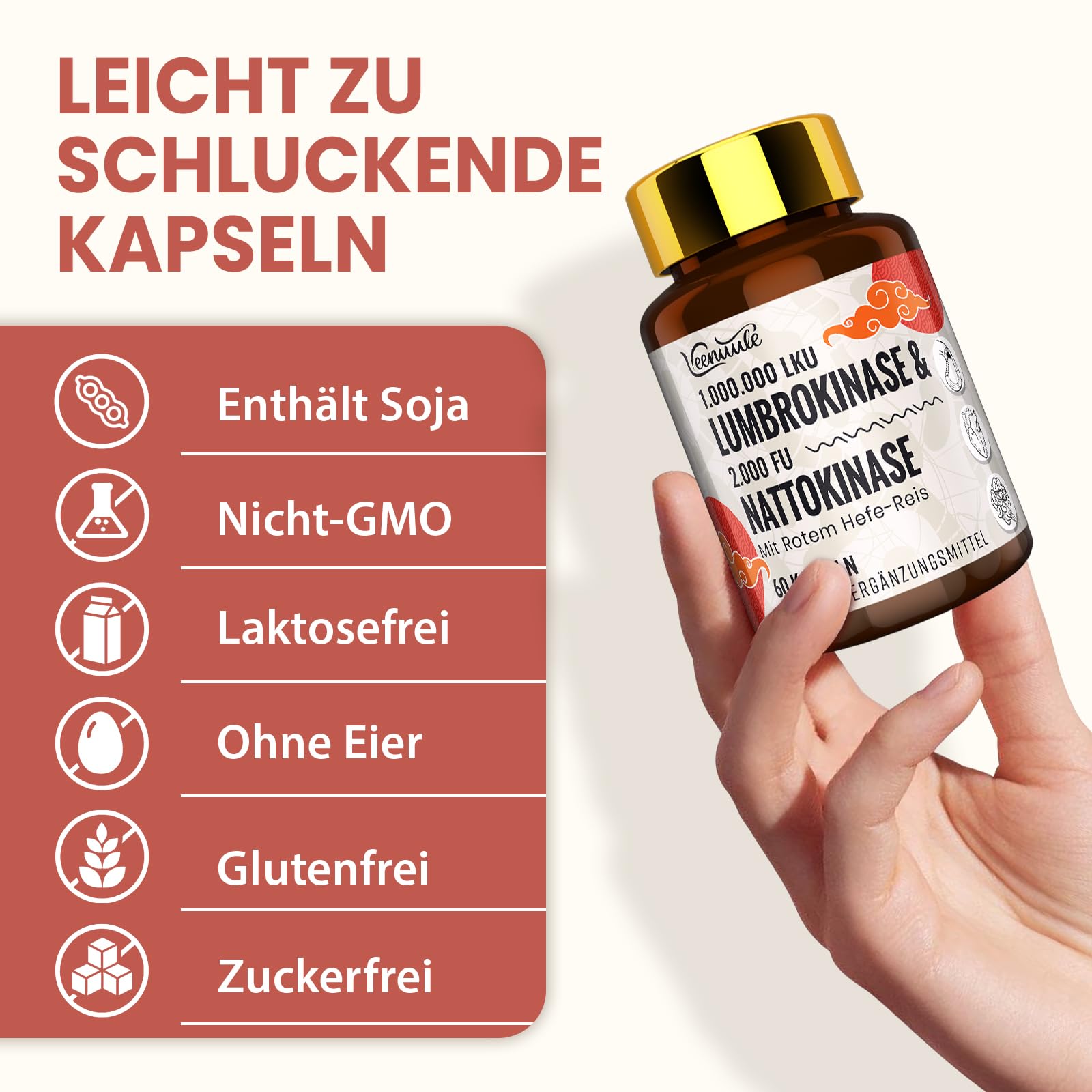 Lumbrokinase 100 mg Par Portion (1 000 000 LKU) avec Nattokinase 100 mg (2 000 FU), Sans OGM, Sans Gluten, 120 Gélules