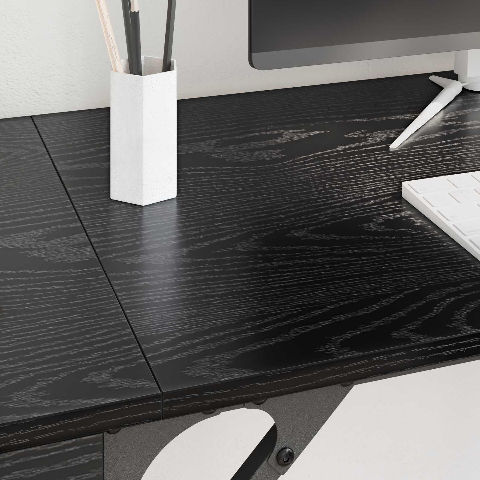 Scrivania per computer nera effetto rovere, in legno, 131 x 48 x 75 cm, con cassetto e molto spazio, per casa, ufficio, studio e postazione di lavoro per giochi