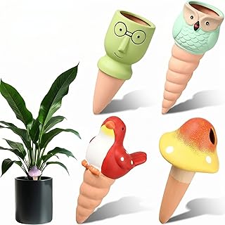 Domensi 4 Pack Plant Watering Devices, Terracotta Watering Spikes, Mushroom, Bird, Head, Owl-Shaped, Automatic Insert System Decorative Stakes, Cute Plant Spikes, for Indoor Outdoor Plants