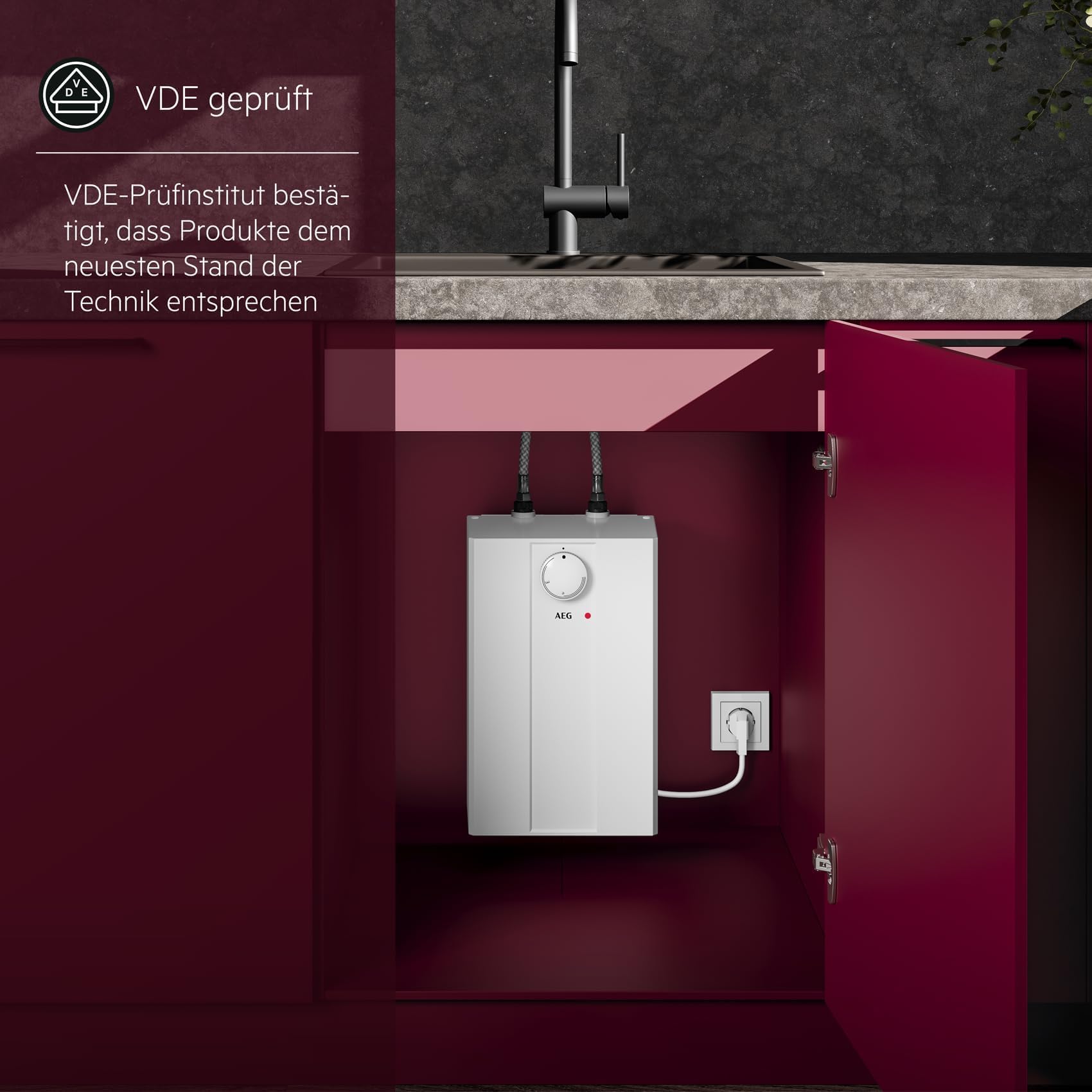 AEG druckloser Kleinspeicher Huz 5 Basis, Untertischboiler 5 Liter Niederdruck, steckerfertig, 2 kW, 222162