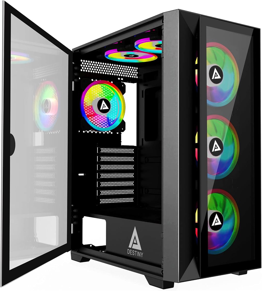 Caja para PC Apevia Destiny-PRO-BK de torre media con ventiladores ARGB de 6X 120 mm | 366 modos de luz RGB, 1 panel frontal de vidrio/malla, 1 panel lateral de vidrio magnético estilo giratorio, 2 USB 3.0, audio HD, filtro de polvo