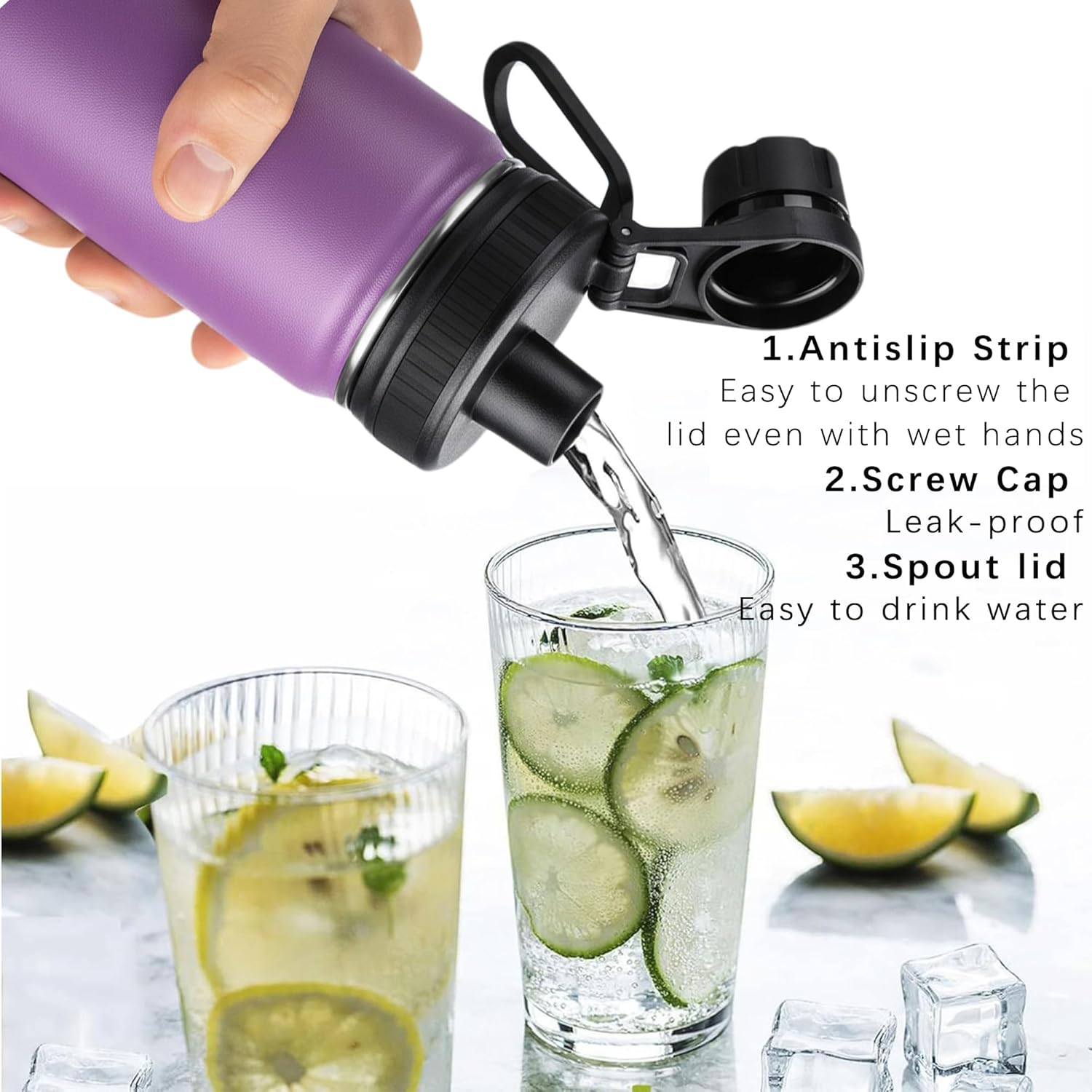 Purple Water Bottle 32 oz with Straw, Metal Vacuum Stainless Steel Water Flask, Leak Proof & BPA-Free Sports Mens insulated Water Bottle (2 Lids) for Gym,Hiking,Travel - Image 5