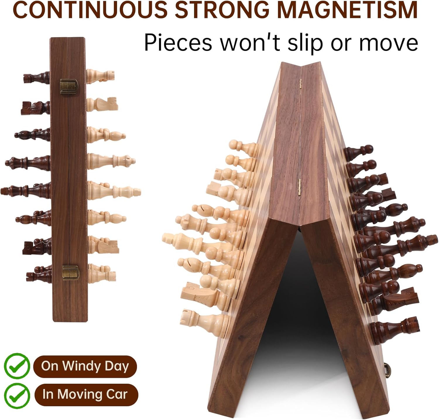 Ajedrez Magnetic Wooden Chess Set, 15" Walnut Folding Chess Board with Handcrafted Pieces 2 Extra Queens, Portable Travel Chess Board Game for Adults Kids, Gift Box & Storage Bag