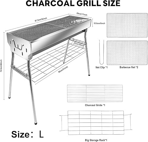 Miniatura 4 de Parrilla de carbón portátil Parrilla de carbón plegable - Parrilla de barbacoa de acero inoxidable al aire libre, camping, picnic (más grande)