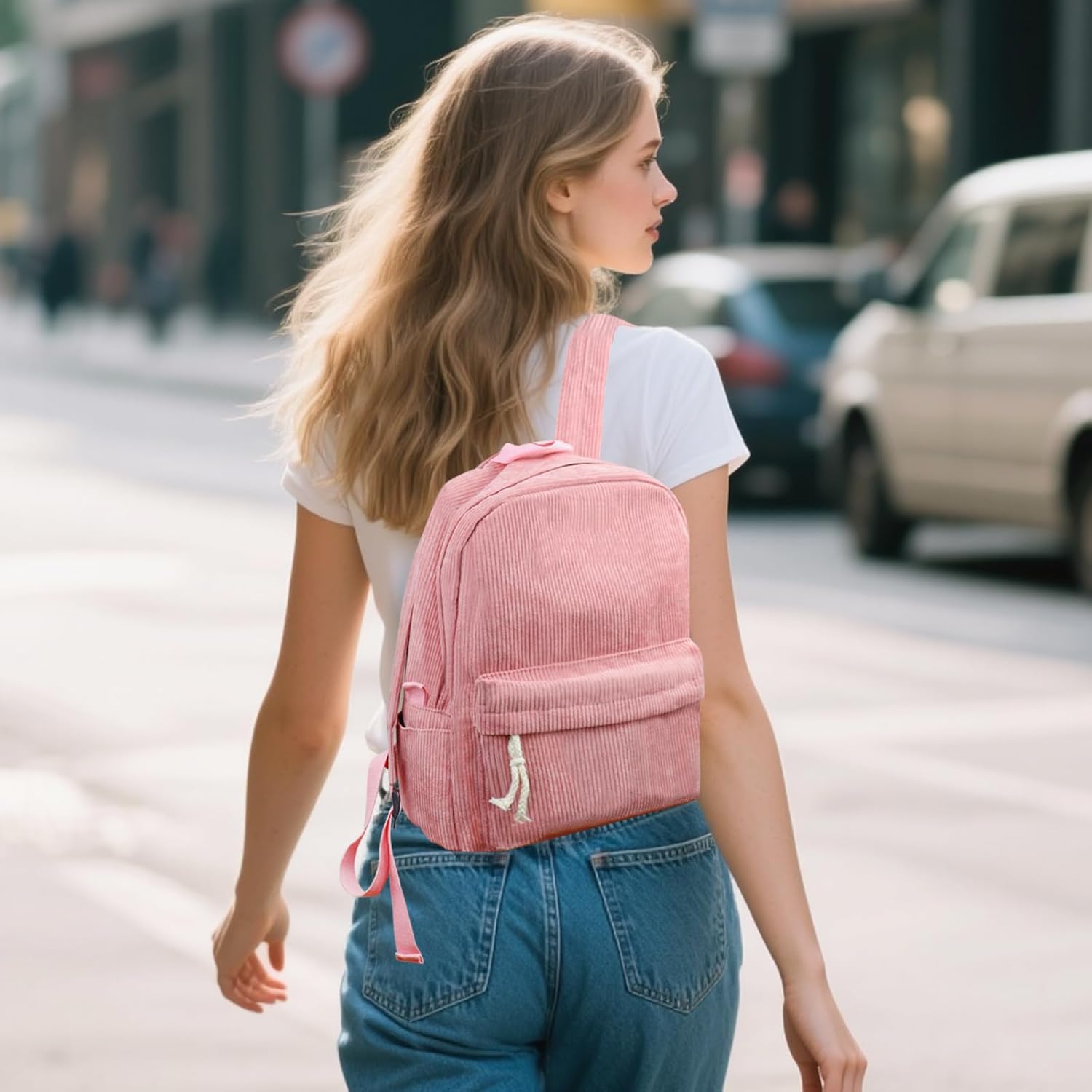 Corduroy Backpack, Lightweight Travel Backpack Large Capacity 15 Inch Laptop Backpack Purse Casual Travel Daypacks for Women (Pink)