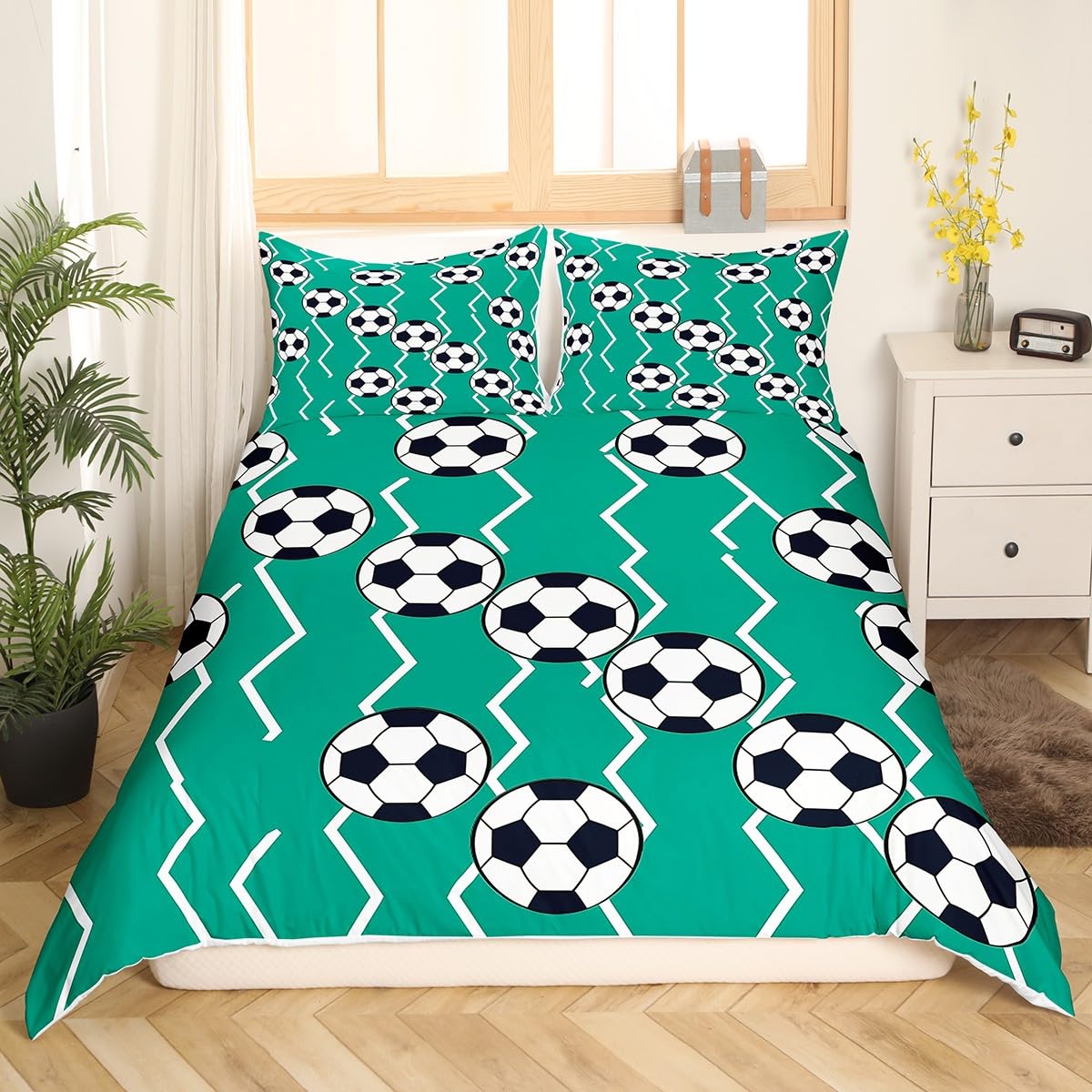Housse de couette rugby et football pour chambre d'ado motif sport vert