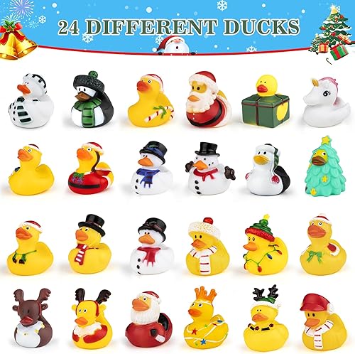 Miniatura 3 de Calendario de Adviento de pato de goma con cuenta regresiva de 24 días de Navidad 2025 para decoración, juguetes de baño de pato de goma, patos