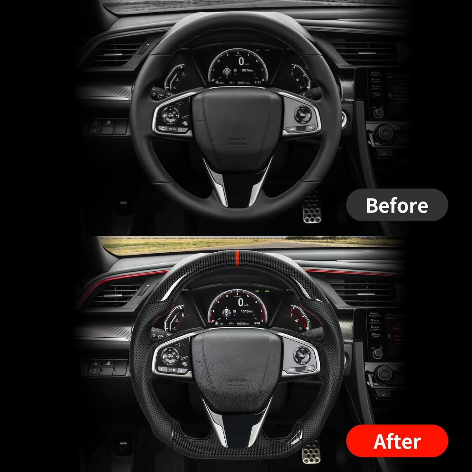 Steering Wheel,Hydro Dip Carbon Fiber Steering Wheel Fits For Honda Civic Gen 10th 2016-2021,Type R FK8 2016 2017 2018 2019 2020 2021,Microfiber Leather & Red Indicate
