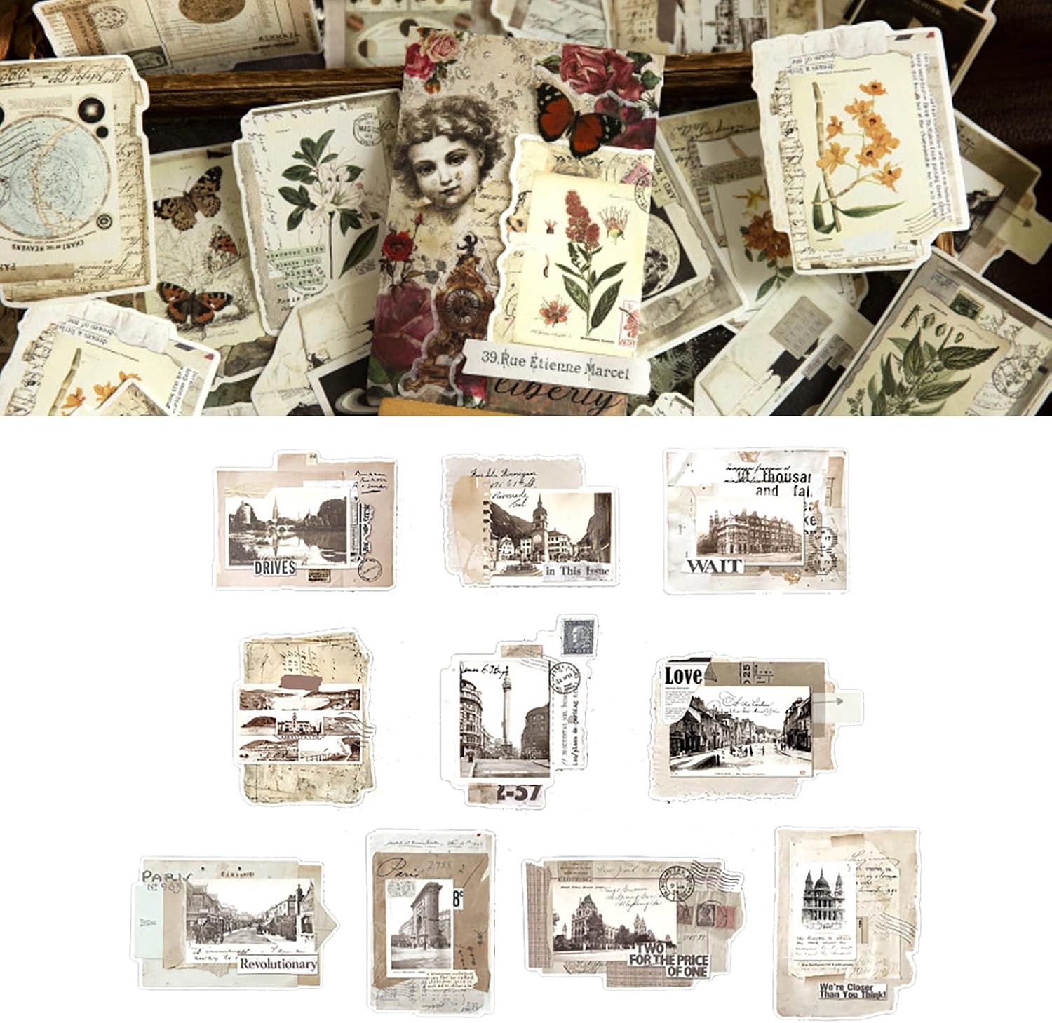 Qcwwy Naklejki do Albumu w Stylu Vintage 30 Arkuszy Retro Naklejki do Dziennika Staromodne Dekoracyjne Scrapbookingu z Różnymi Wzorami Kształty Dziennika Album (Typ 1)