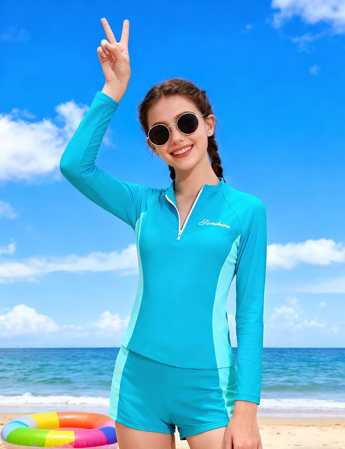 Girls Rash Guard Swimsuit Two Piece Set Colorblock Long Sleeve Bathing Suit UPF50+Sun Protection Swim Suits 7-16Y - Image 5