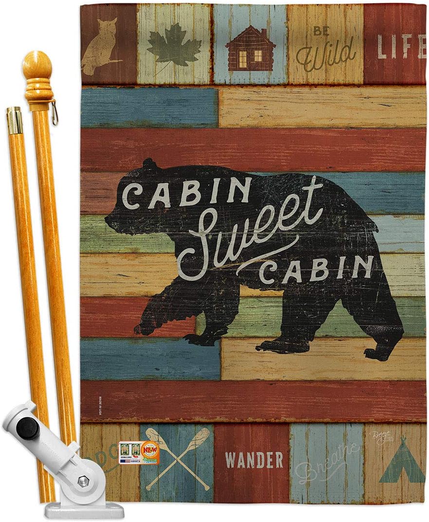 Cabin Sweet House Flag Set Outdoor Lodge Rustic Lake Moose Wildlife Adventure Forest Small Decorative Gift Yard Banner Made In USA 28 X 40