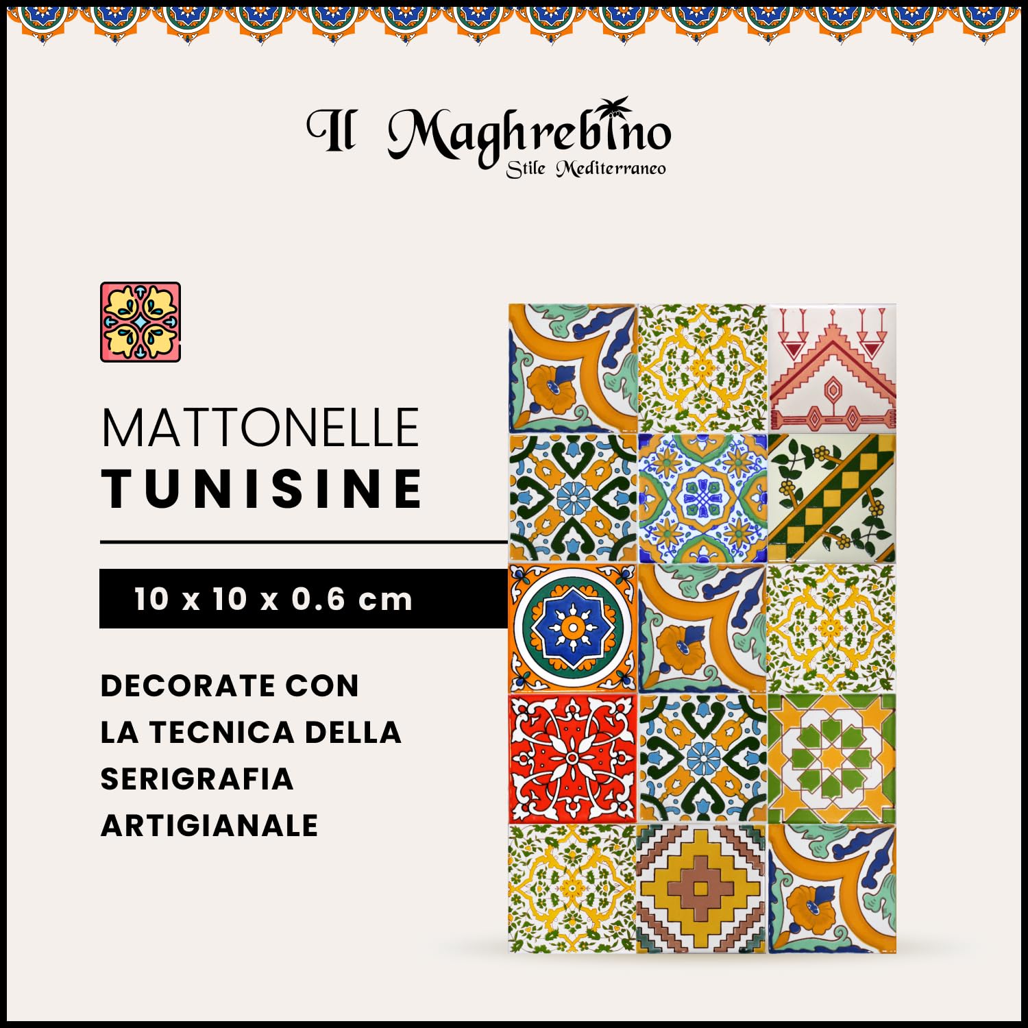 25 Mattonelle Premium Selection in Ceramica Smaltata - Sunset - 10x10 cm spessore 0,6 cm - Mattonelle Tunisine realizzate con Serigrafia Artigianale - Adatte a rivestimento