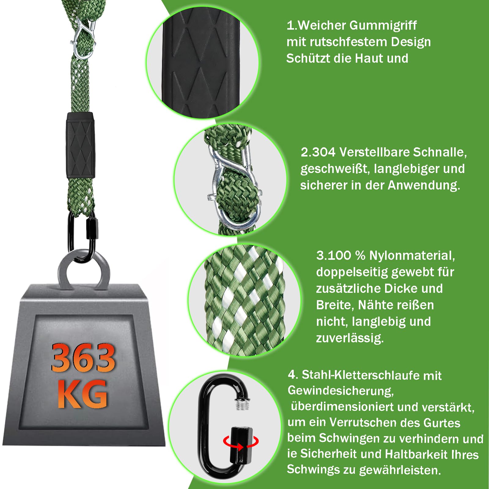 2-częściowy zestaw linek mocujących do huśtawki, 203 cm, regulowana nylonowa lina do huśtawki z karabińczykiem, udźwig 362 kg, hamak, fotel wiszący, huśtawka, do użytku wewnątrz i na zewnątrz