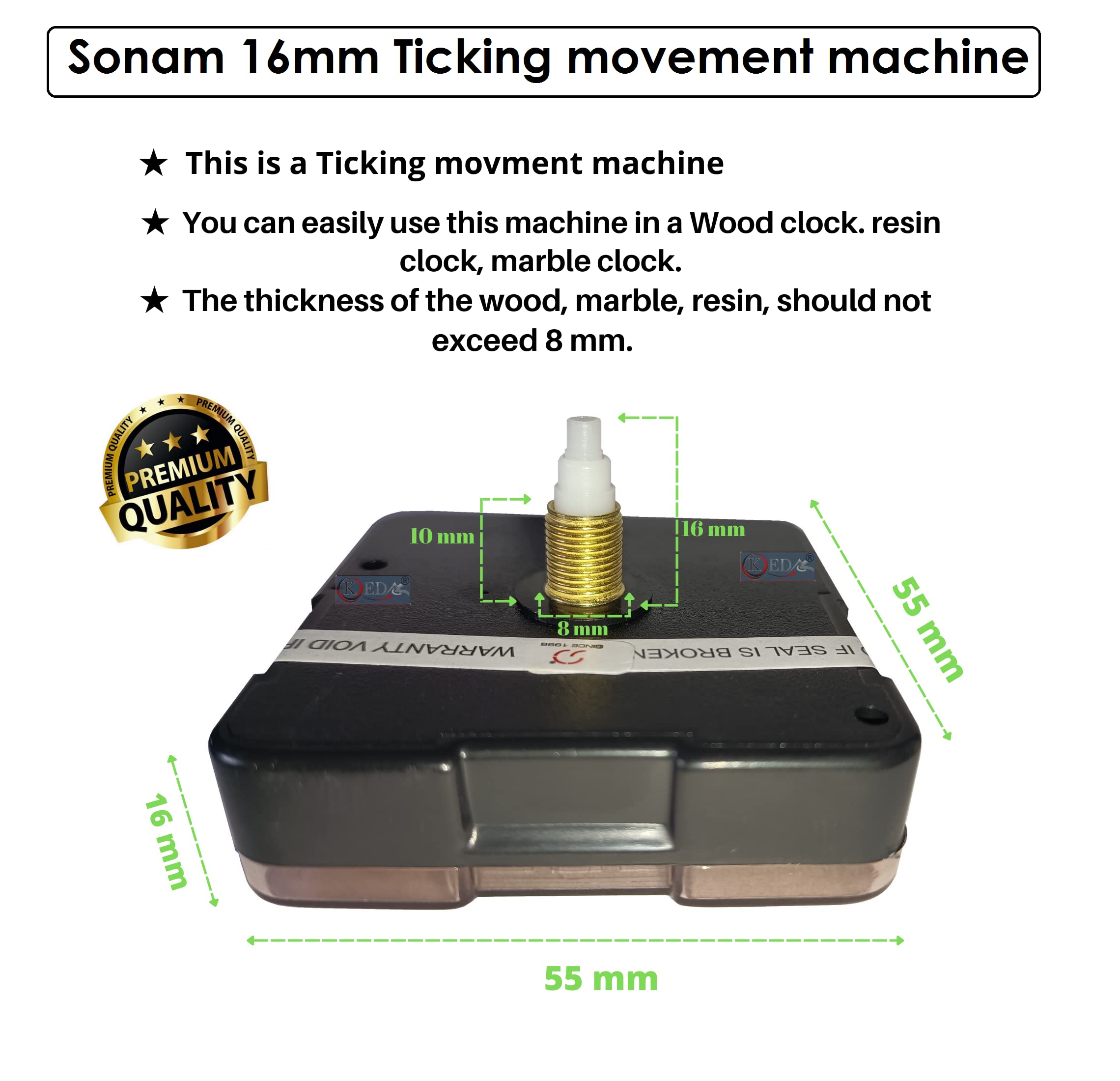 KEDAR® 16 mm Ticking Movement Machine for Wood Clock, Resin Clock, Marble Clock with Fancy Needles (Made in India)-S042 2