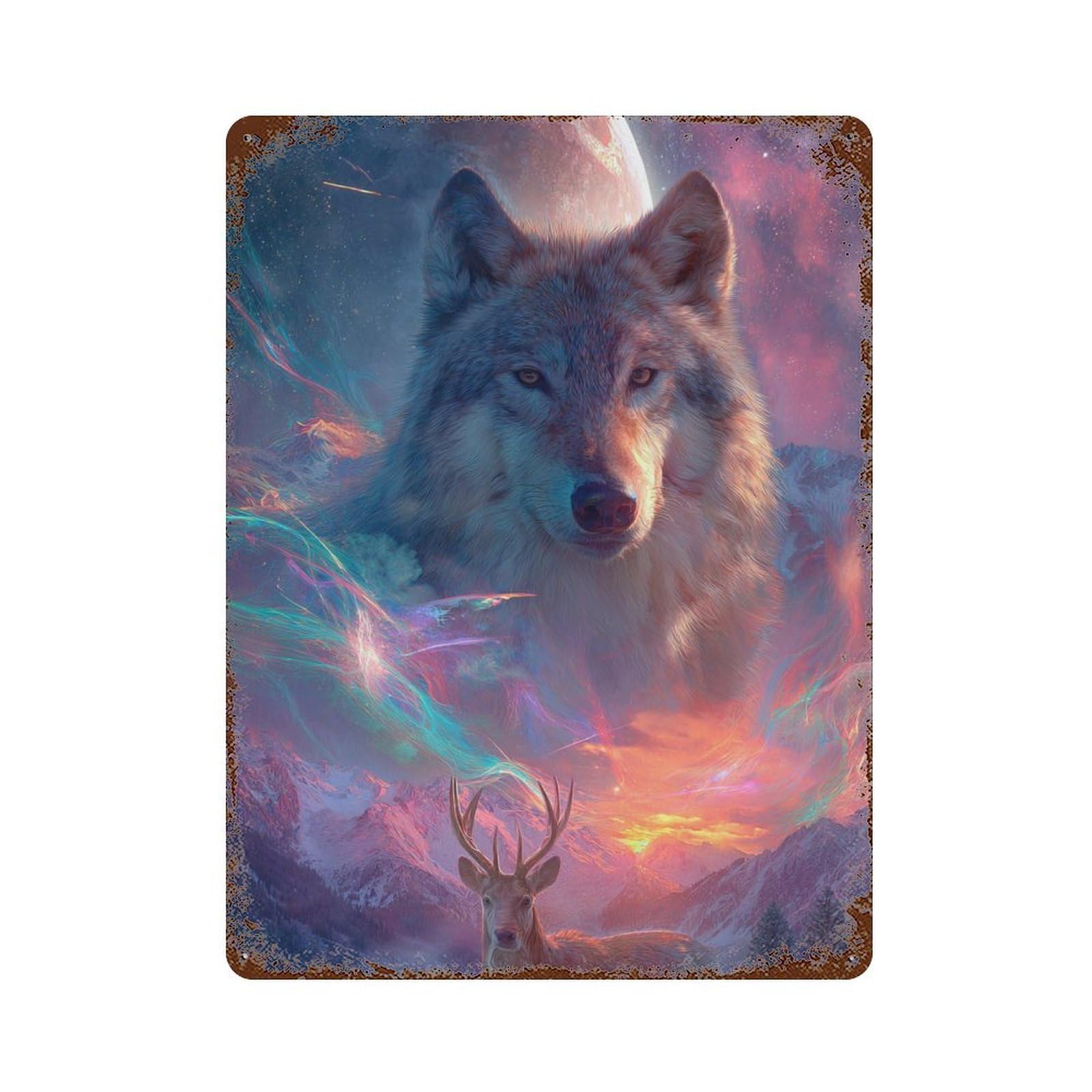 Wolf And Deer Fantasy Landscape Rust Effect Tin Sign 15.7"x11.8", Vintage Wall Decor for Pub, Kitchen And Man Cave Decor