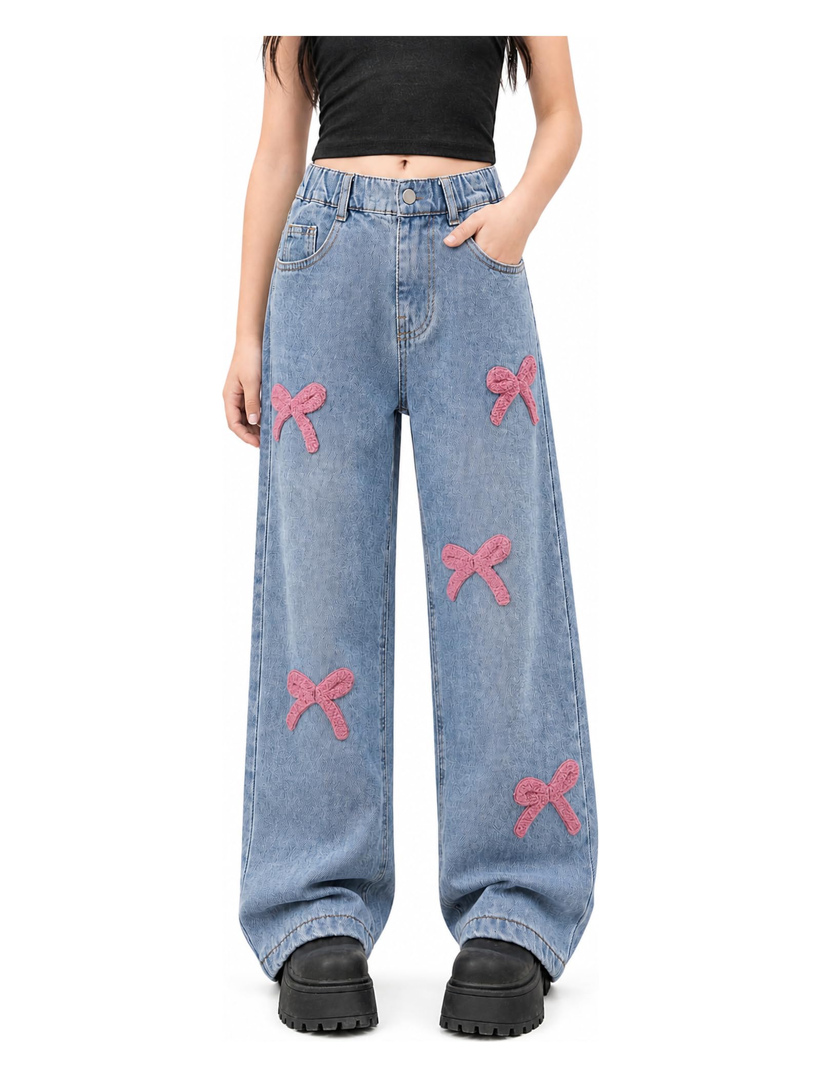 JiAmy Jeans larges pour filles avec nœud brodé pour enfants de 130 à 170 ans, 5 à 13 ans