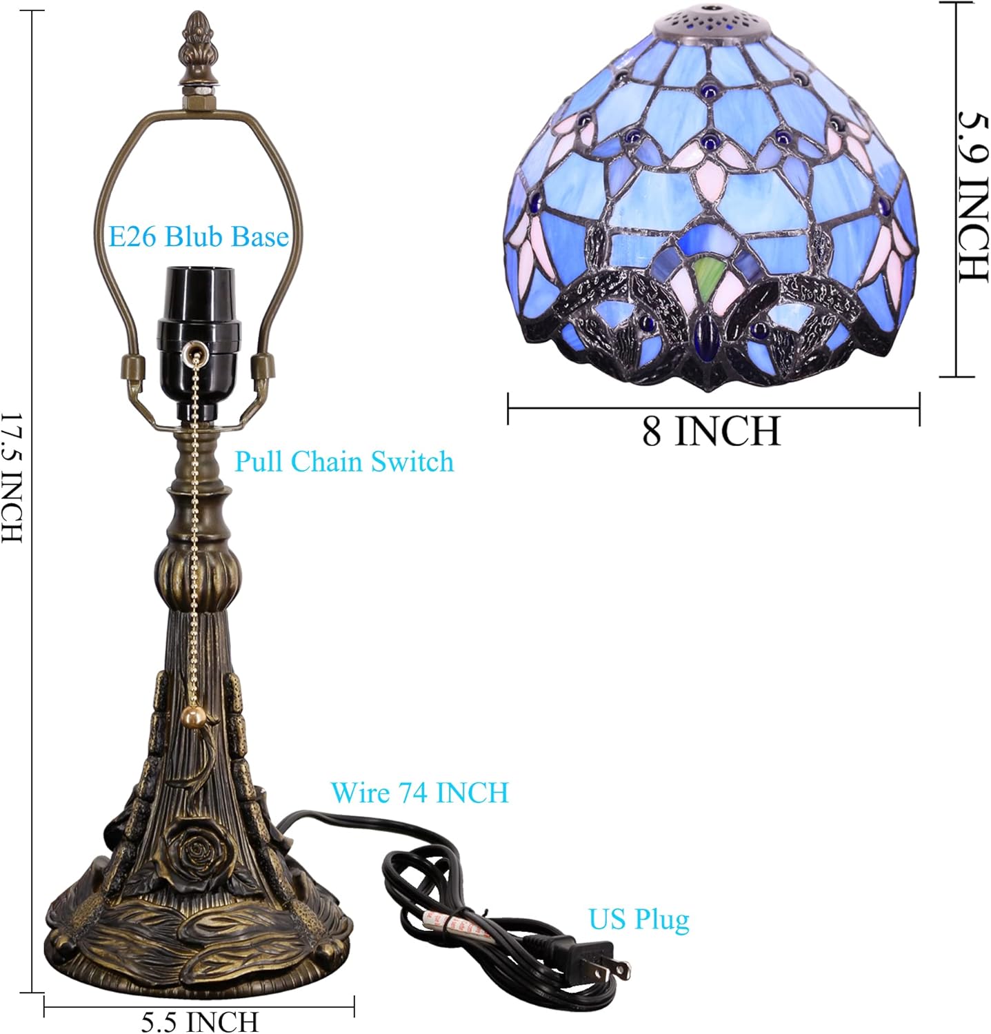 Small Tiffany Lamp Mini Stained Glass Desk Lamp Vintage Table Lamp Tiffany Style Night Light 8X17.5 Inch (Blue Baroque Style)