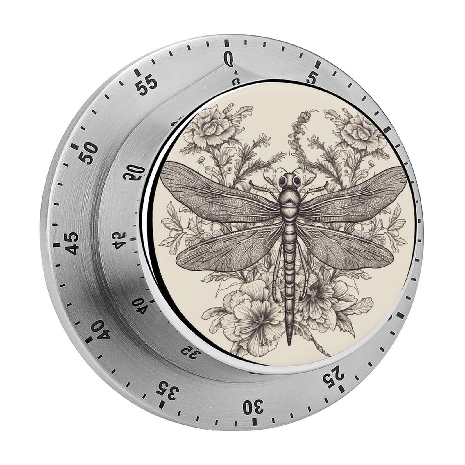 Hand Drawn Floral Dragonfly Timer Exquisite Stainless Steel Body Mechanical Desk Timers 60 Minutes Visual Countdown Timers with Magnetic Backing Loud Alarm Kitchen Timer for Cooking