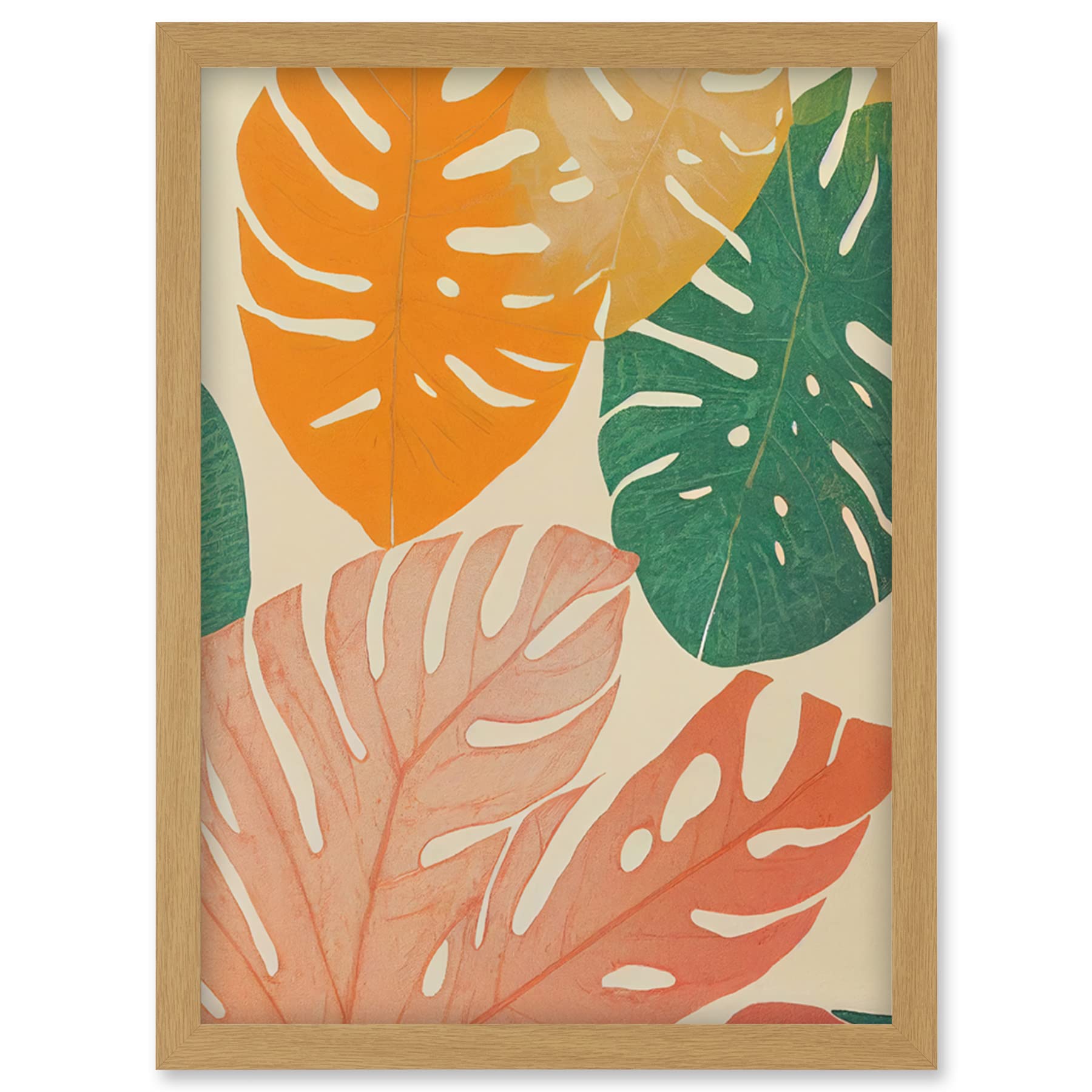 Wee Blue Coo Pastel Monstera Leaves Botanical Artwork Framed Wall Art Print A4