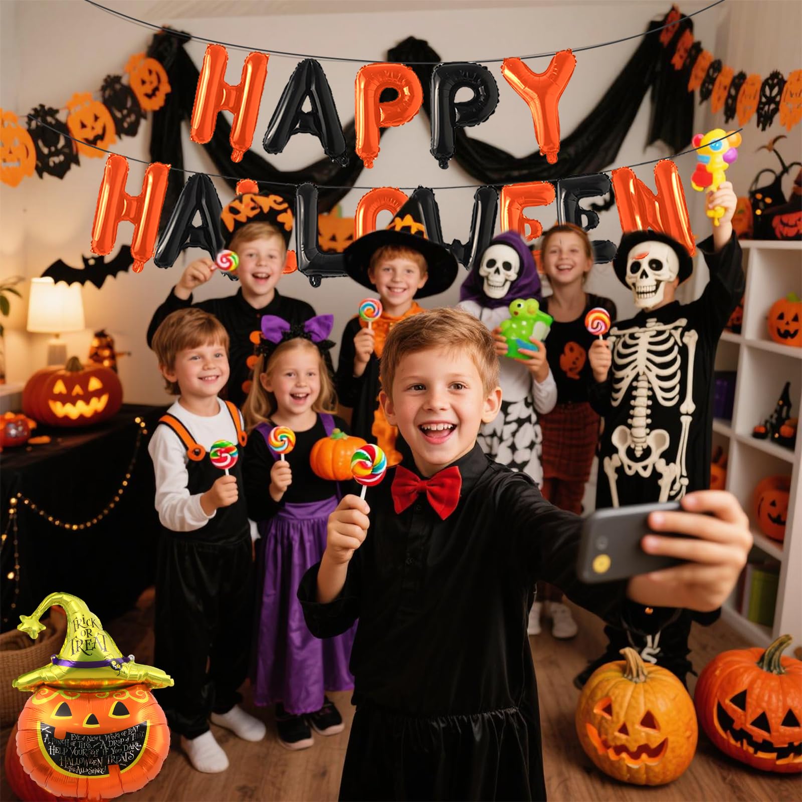 Halloween Bunting,Inflatable Black and Orange Happy Halloween Balloons Banner and Pumpkin Foil Balloons for Indoor Outdoor Home Office Party Favor Decorations - Image 4