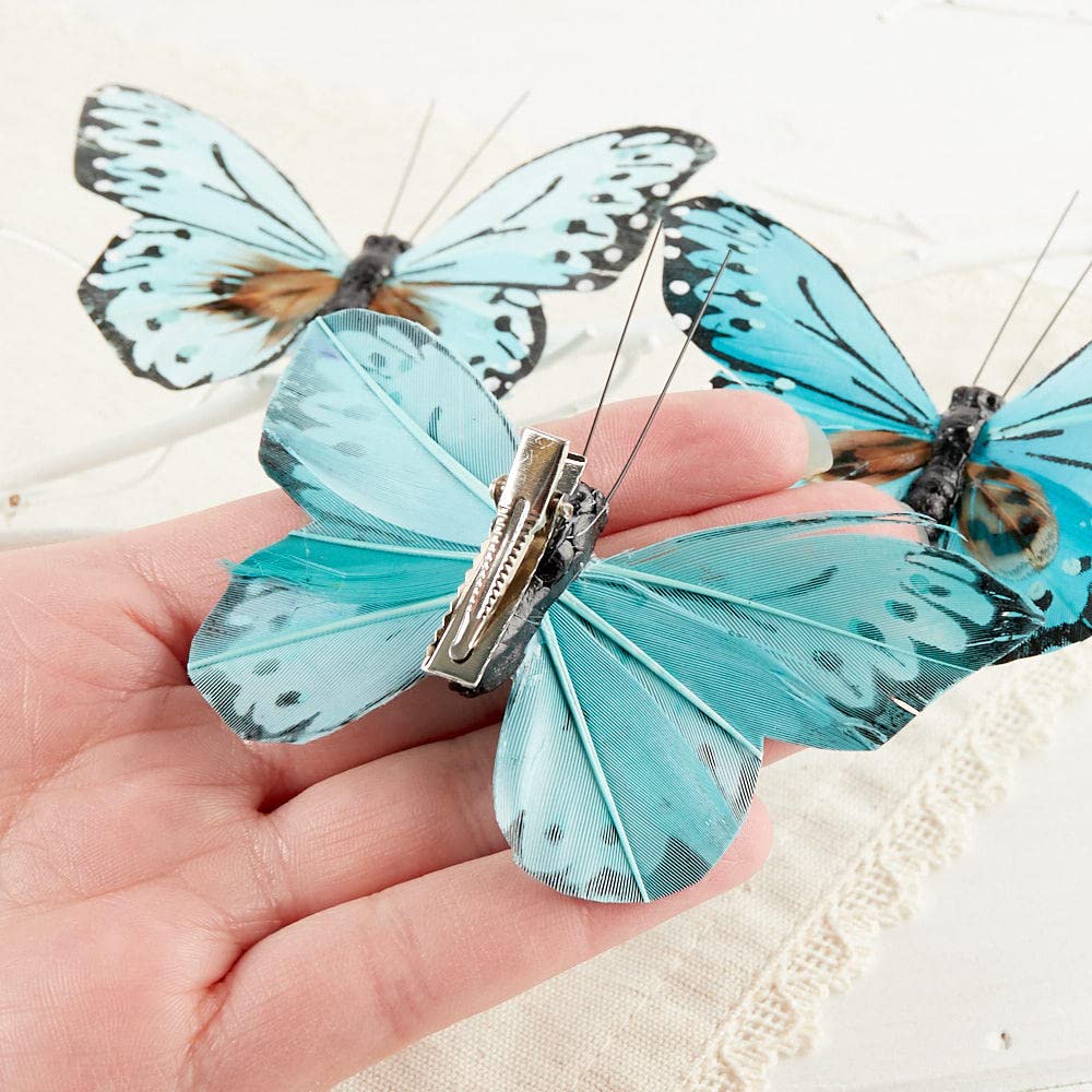 Factory Direct Craft Group of 12 Shades of Teal Artificial Feathered Butterflies with Clips for Summer Floral Arrangements and Displays