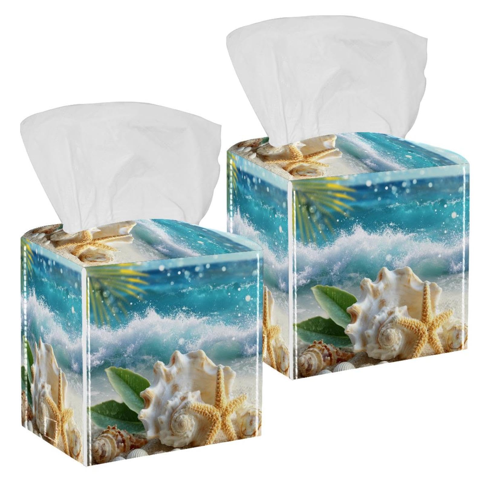 Beach Starfish Tissue Box Cover, 2 Pack PU Leather Square Facial Tissue Dispenser Box holder for Home Office Car