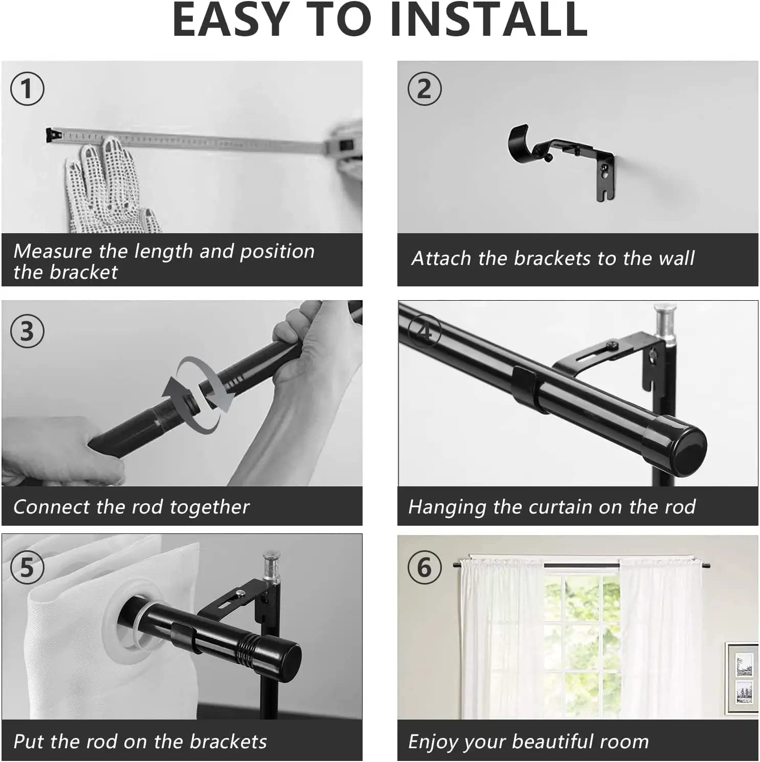 Bastone per Tenda Regolabile in Acciaio Inossidabile 76-157 cm Diametro 16 mm Nero Opaco per Finestra