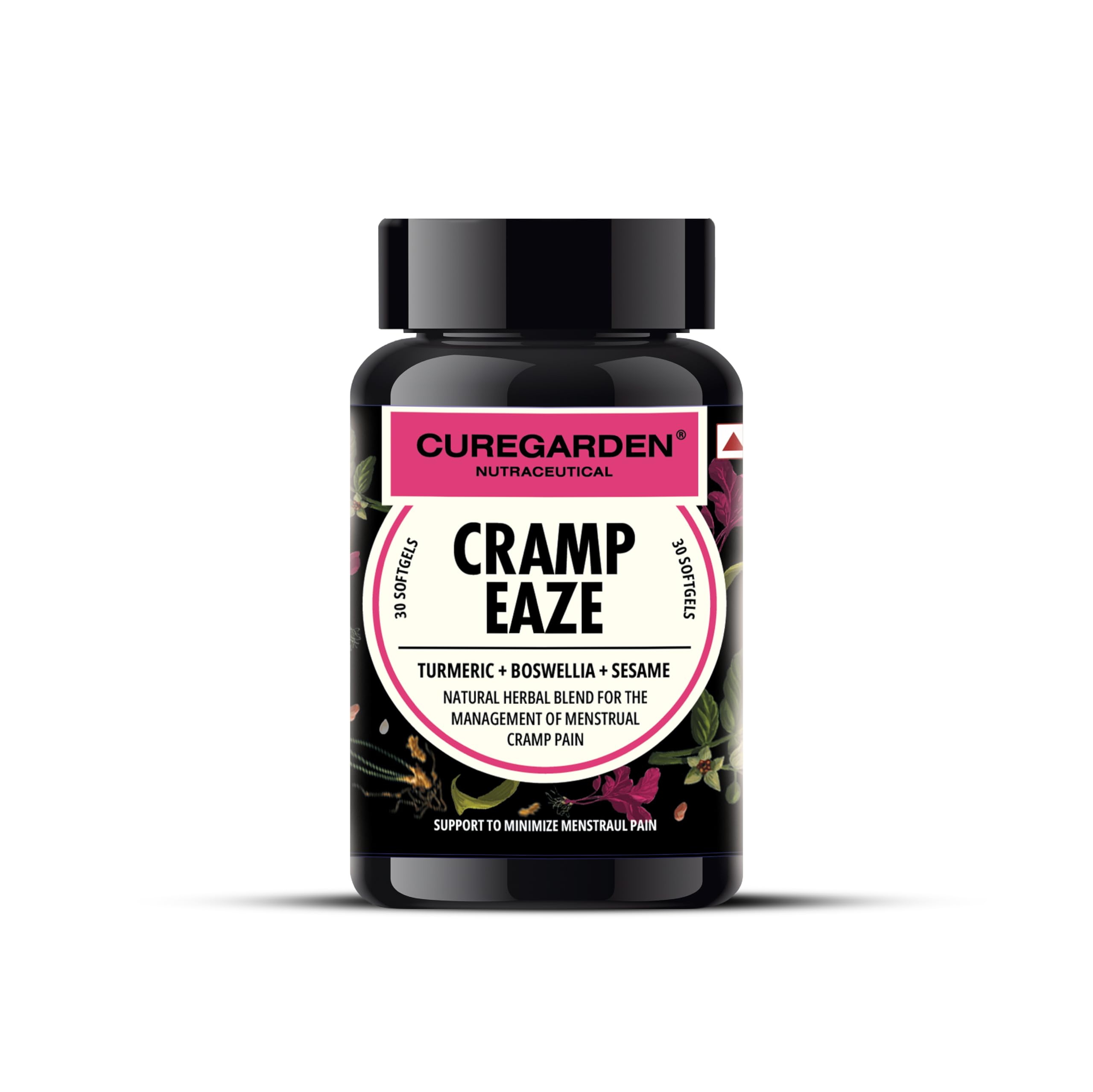 Curegarden Cramp Eaze, Menstrual Pain Reliever, Herbal Period Pain Relief Pills, Blend of Curcumin, Boswellia and Sesame, 500 mg, 30 Softgel