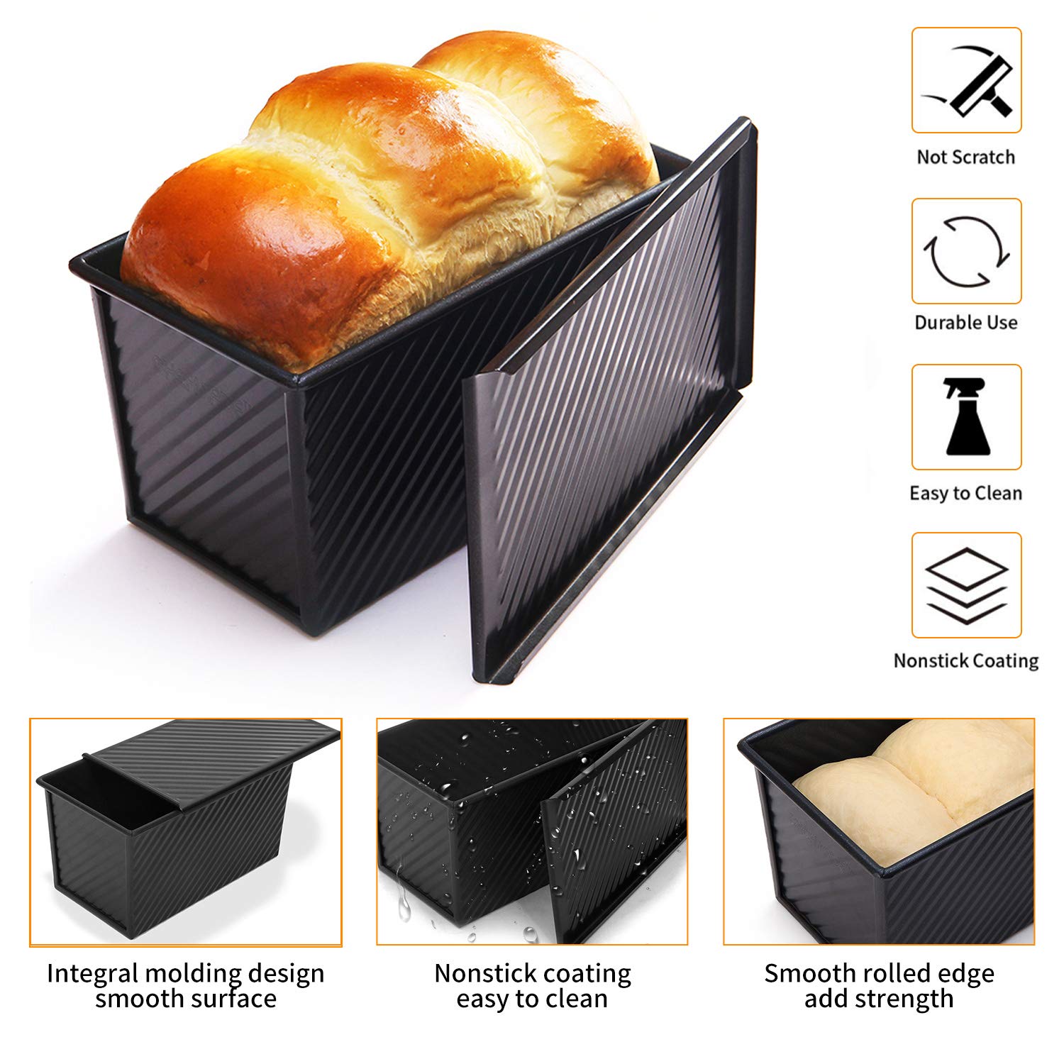 CHEFMADE Kastenform 2 Stück, Antihaft-Brotform, Karbonstahl, Toastpfanne mit Deckel zum Backen von Brot – Schwarz