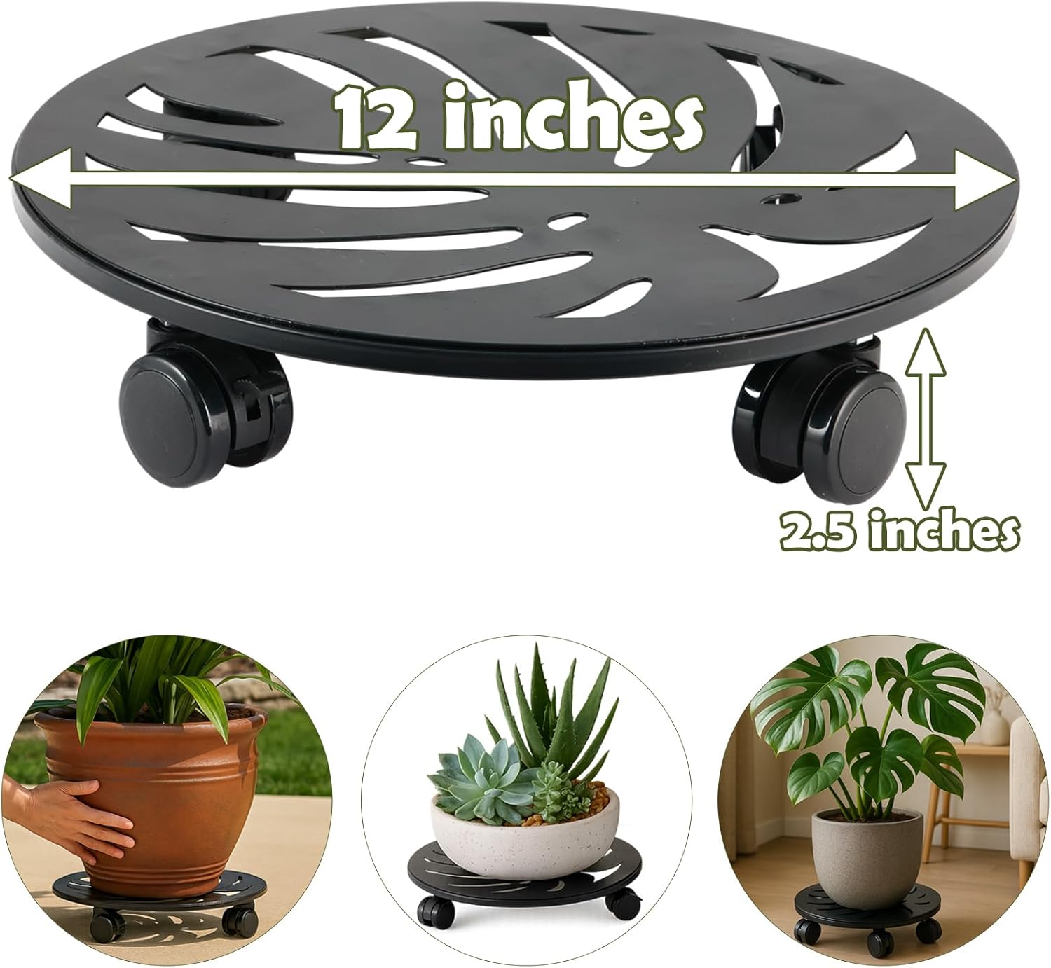 3-pack 12 Inches Square Metal Plant Caddy with Wheels Heavy-Duty Large Rolling Plant Stand Indoor Outdoor Wheeled Planter Dolly Cart Coaster Flower Pot Mover Roller Trolley, Black