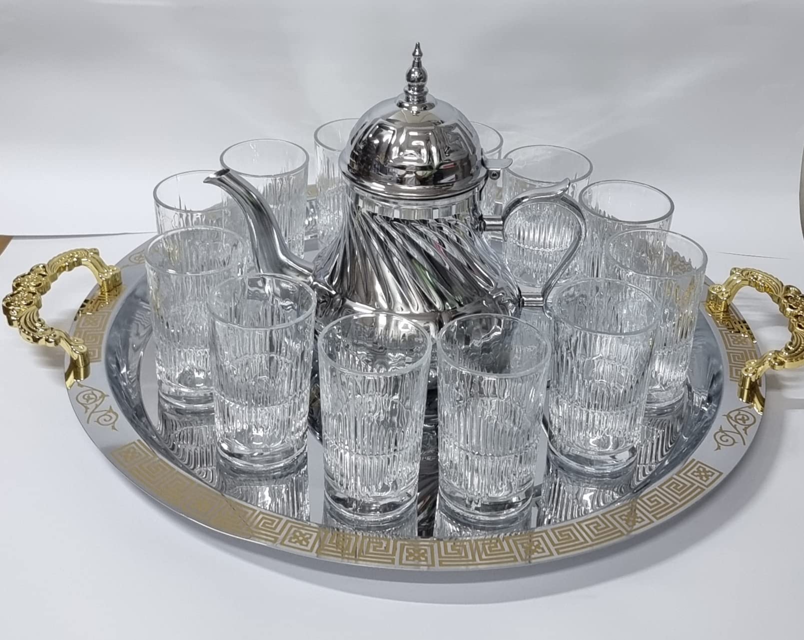 Service à thé marocain complet, théière 48oz, plateau 46 cm avec poignées et 12 verres argent