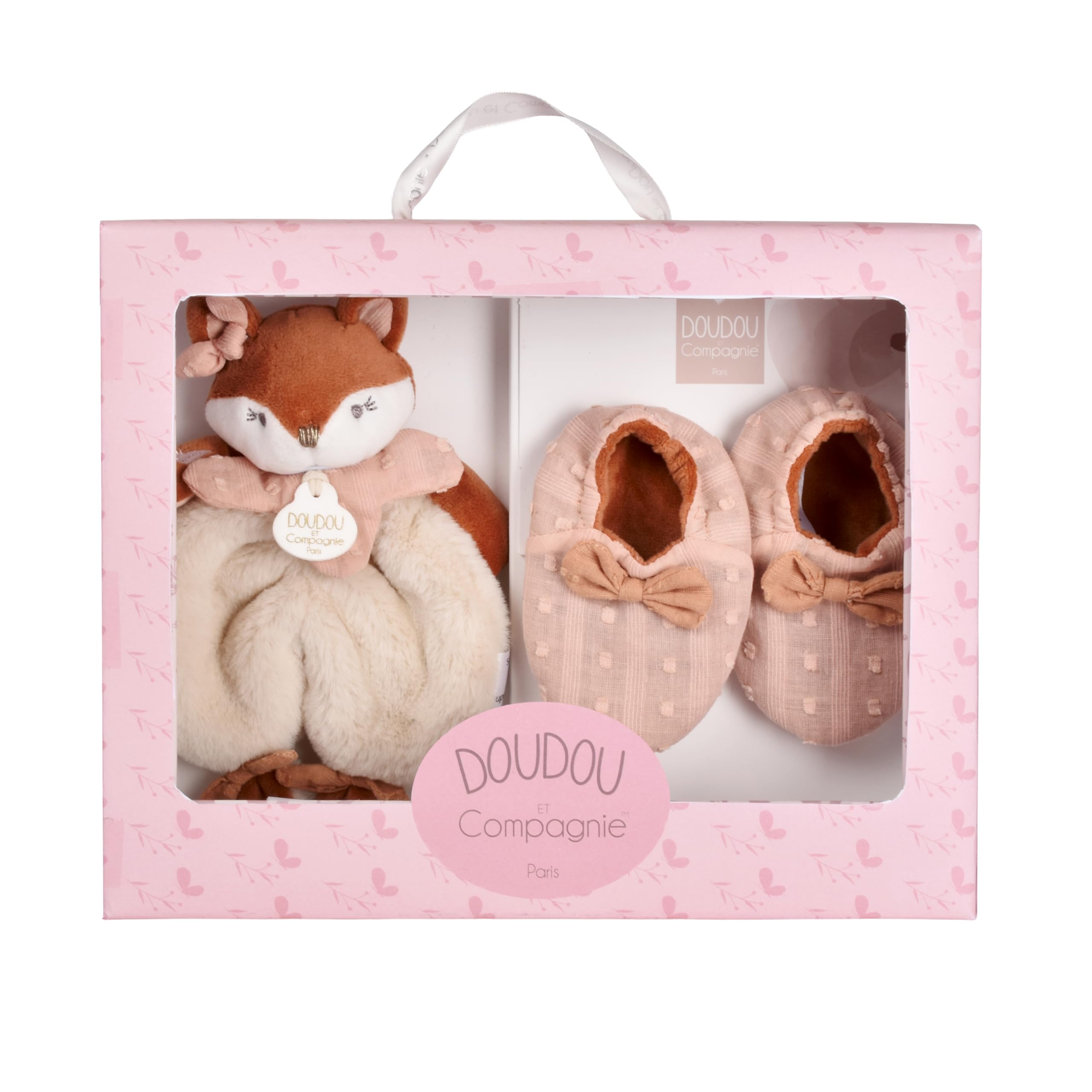 Doudou et Compagnie - Coffret Naissance Mina Renard avec Chaussons 0-6 Mois - Doudou Bébé Plat 18 cm Ultra Doux en Coton Plumetis - Ensemble Premier Âge Raffiné - Idée Cadeau Naissance Mixte - DC4691