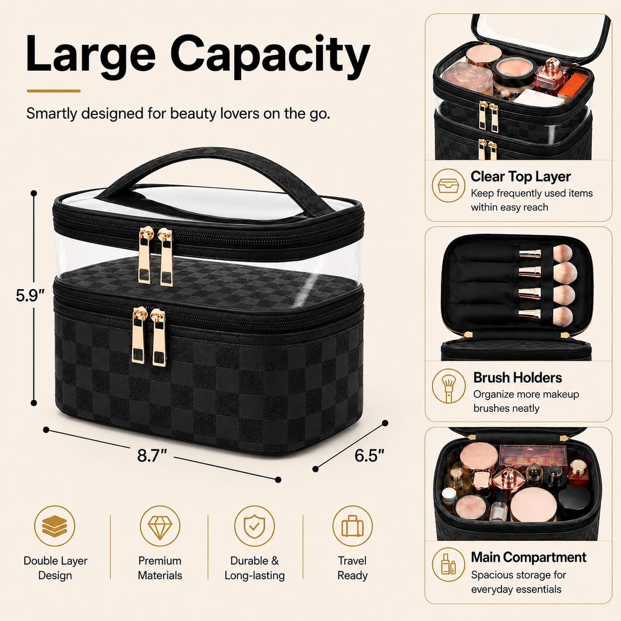Double Layer Makeup Bag for Women, Travel Cosmetic Organizer with Clear Top,Water-Resistant Toiletry Bag, Black