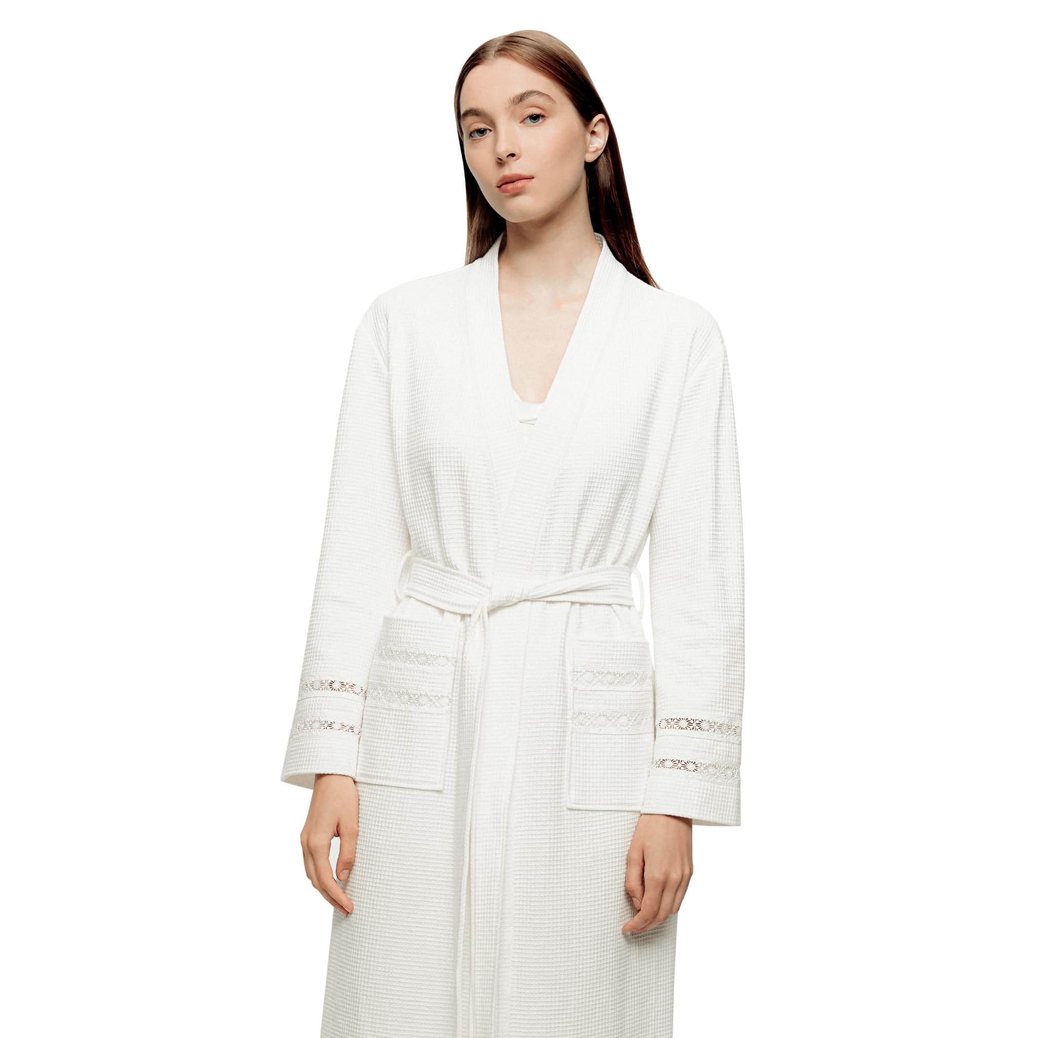 Calla Angel New York Waffle Bathrobe, Gown, Luxury Cotton, 100% Extra Long Cotton, Thin, Lightweight, Soft, Moisturizing, Insulating, Water Absorption, Quick Drying, Loungewear, Bathout, Women's, S RegularR white