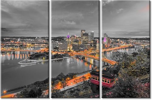 TUMOVO Pittsburgh Pennsylvania - Lienzo decorativo para pared, 3 paneles, diseño de horizonte de ciudad en blanco y negro, decoración de pared para