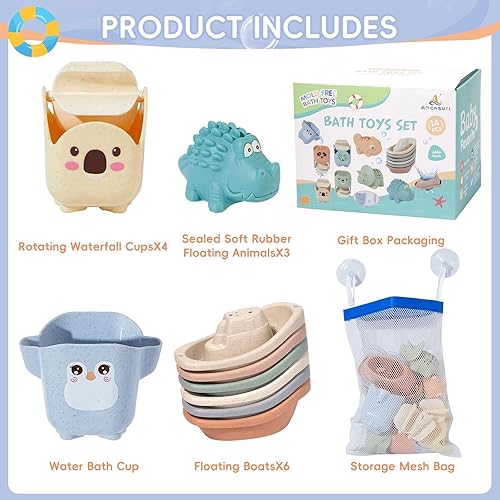 Miniatura 6 de Juguetes de baño para bebés de 1 a 3 años, paquete de 14 juguetes de baño para niños de 2 a 4 años, juguetes de agua con botes flotantes y tazas y