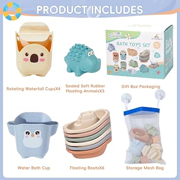 Baby Bath Toys for Kids Ages 1-3, 14 Pack Mold Free Toddler Bath Toys for 2-4 Bathtub Water Toys with Floating Boats&Cups and No Hole Bath Toy for Babies 6-12 Months Boy Girl Gifts