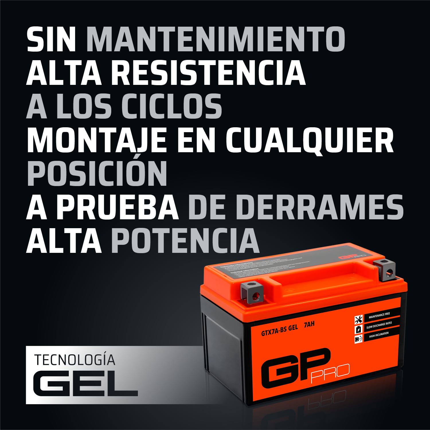 GP-PRO GTX7A-BS - Batería de arranque para scooter y motos, 12V, 7Ah, parecido a YTX7A-BS / 50615, sin necesidad de mantenimiento